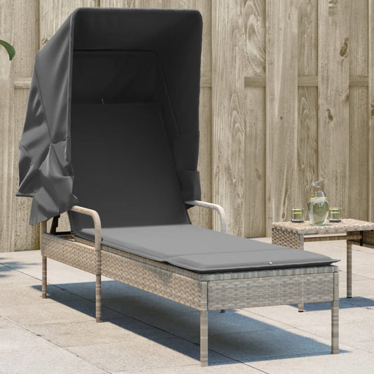 Sun lounger with canopy in light grey PE wicker