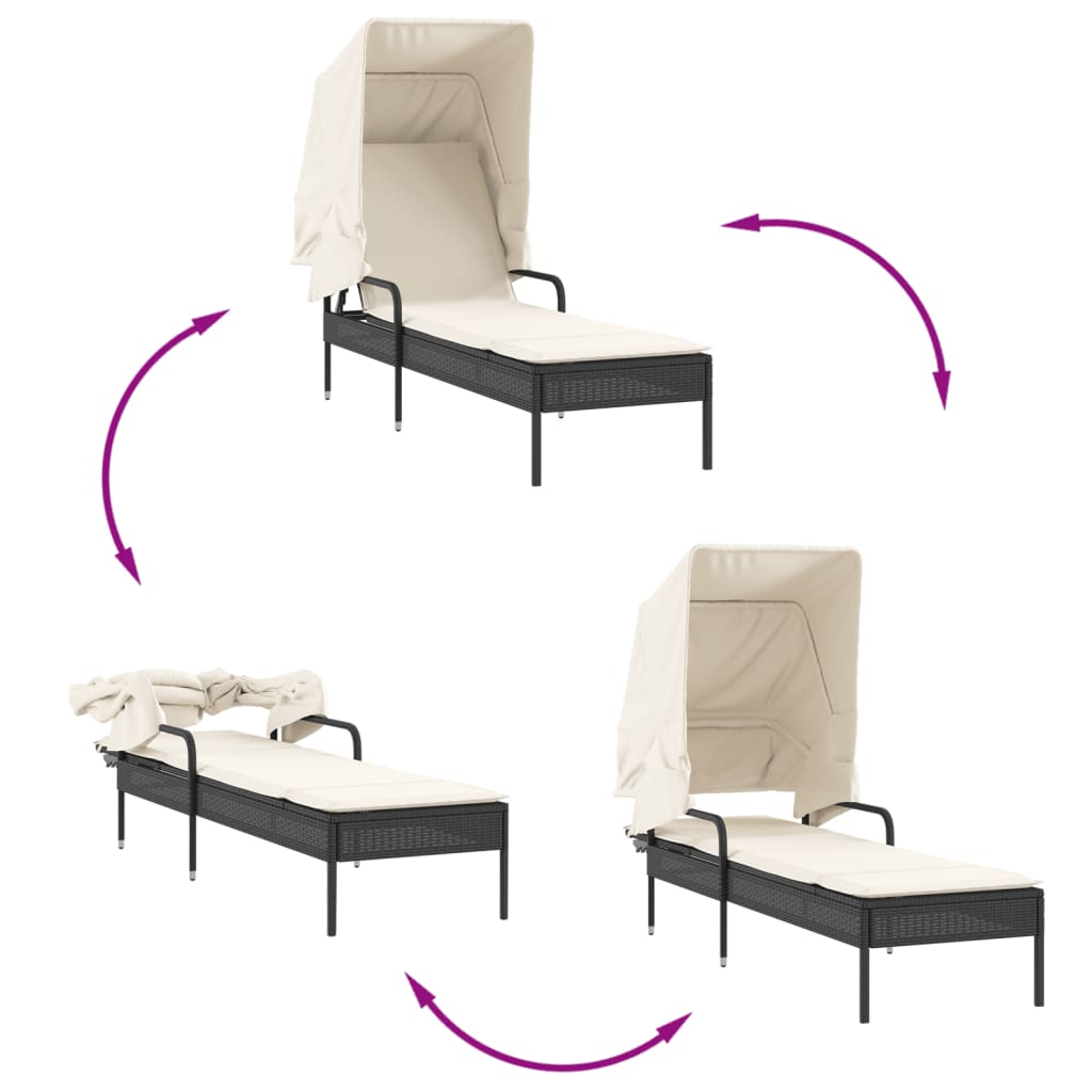 Sun lounger with canopy and table in black PE wicker