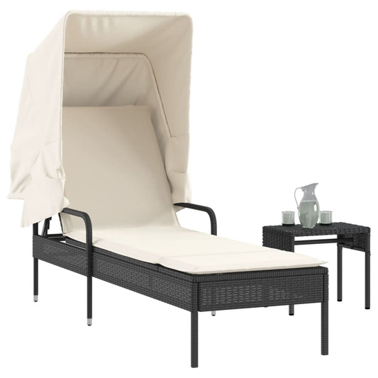 Sun lounger with canopy and table in black PE wicker