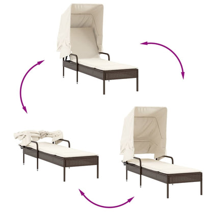 Sun lounger with canopy and table in brown PE wicker