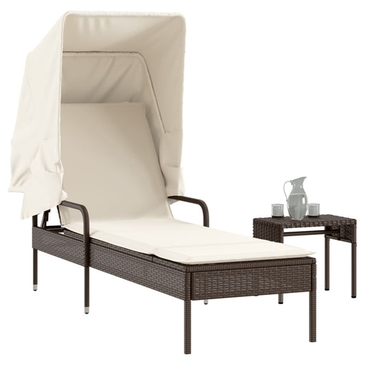 Sun lounger with canopy and table in brown PE wicker