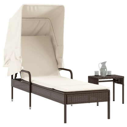 Sun lounger with canopy and table in brown PE wicker