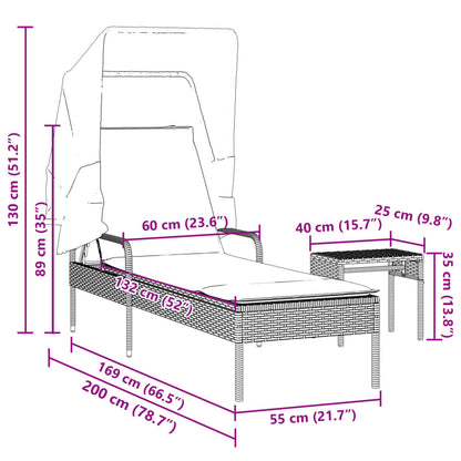 Sun lounger with canopy and table in grey PE wicker