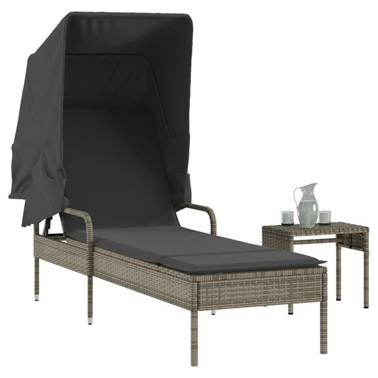 Sun lounger with canopy and table in grey PE wicker