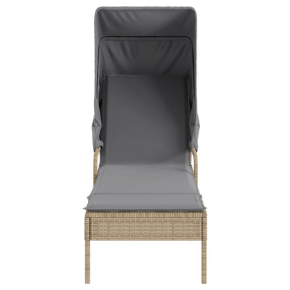Sun lounger with canopy and table in beige PE wicker