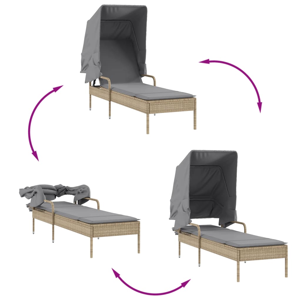 Sun lounger with canopy and table in beige PE wicker