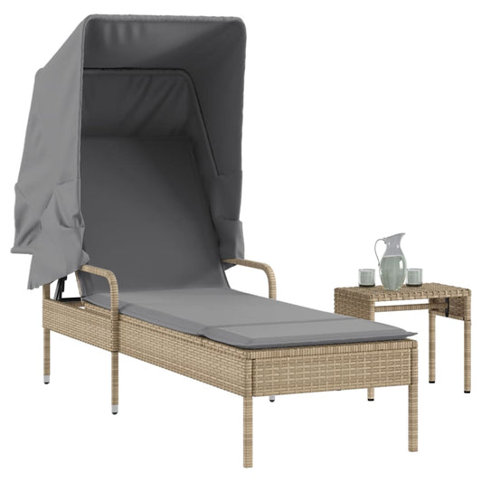 Sun lounger with canopy and table in beige PE wicker