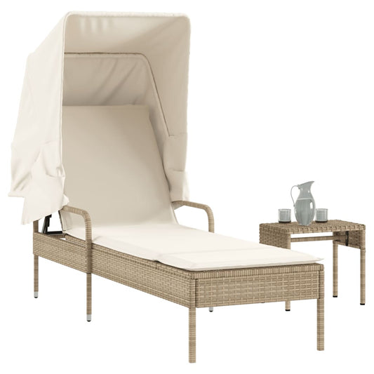 Sun lounger with canopy and table in beige PE wicker