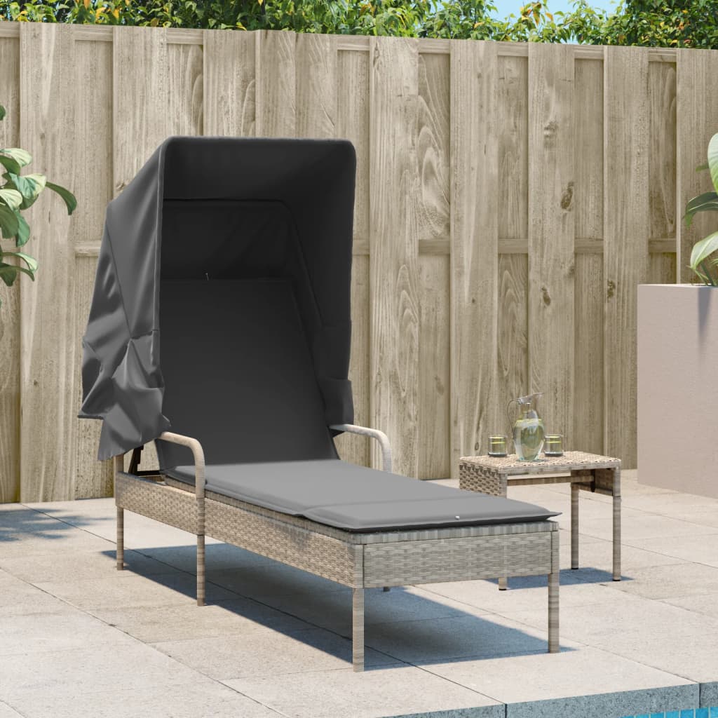 Sun lounger with canopy and table in light grey PE wicker