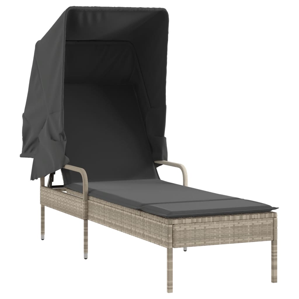 Sun lounger with canopy and table in light grey PE wicker