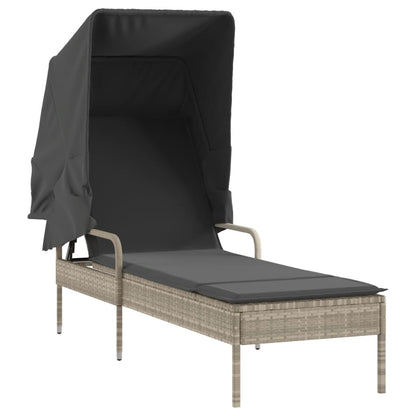 Sun lounger with canopy and table in light grey PE wicker