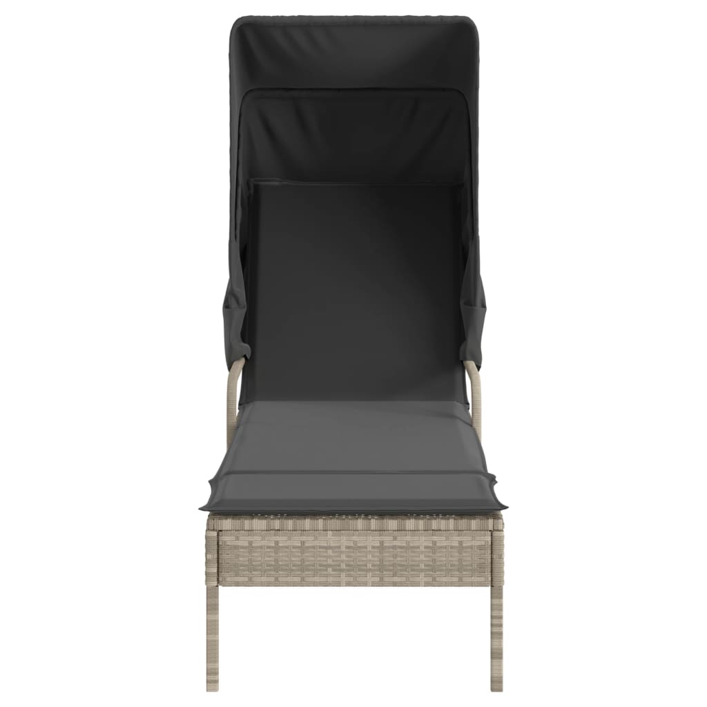 Sun lounger with canopy and table in light grey PE wicker