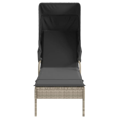 Sun lounger with canopy and table in light grey PE wicker