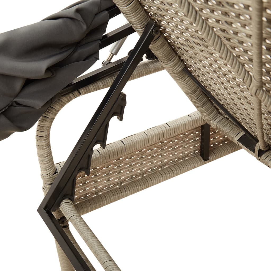 Sun lounger with canopy and table in light grey PE wicker