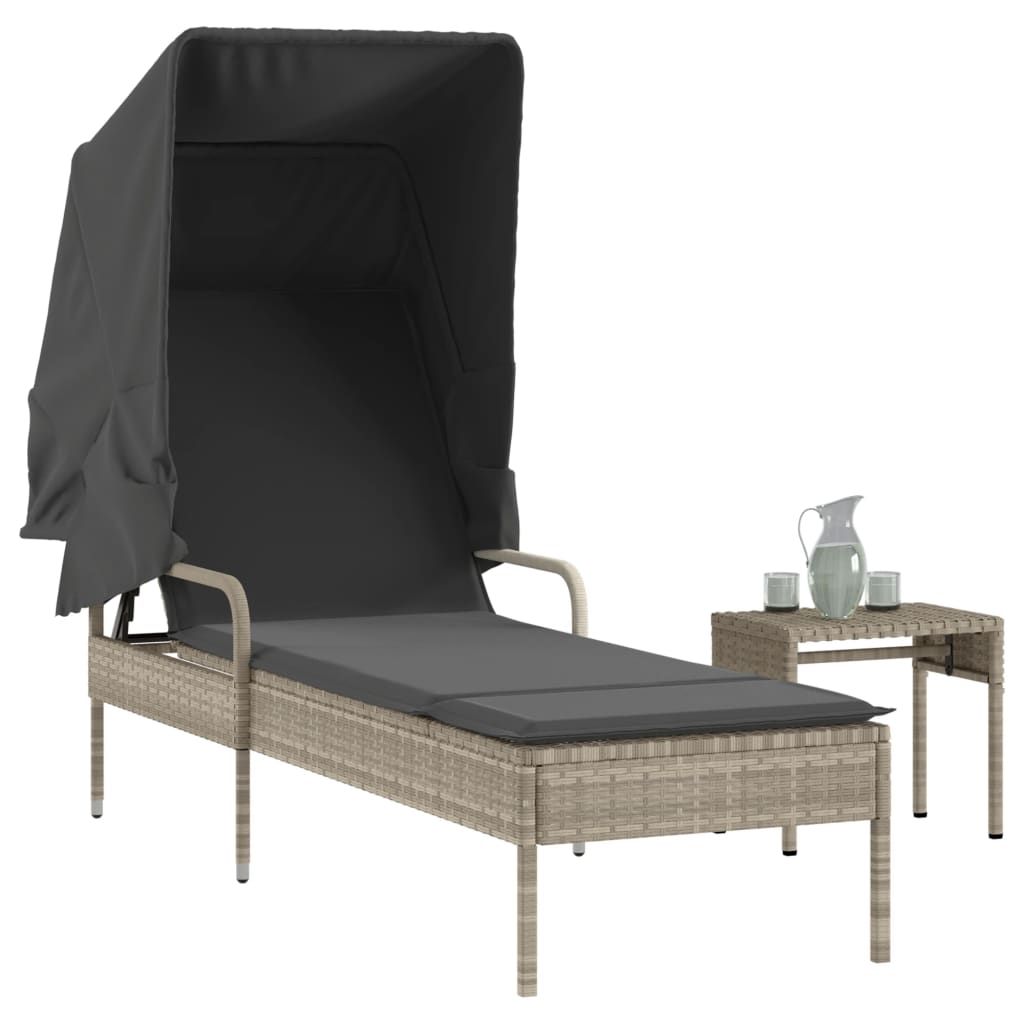 Sun lounger with canopy and table in light grey PE wicker