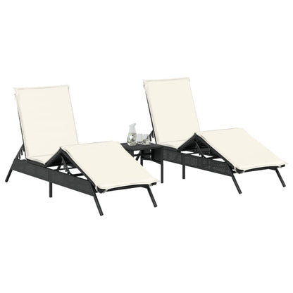 Sun loungers with table 2 pcs black PE rattan