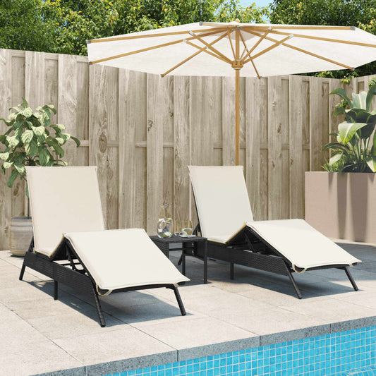 Sun loungers with table 2 pcs black PE rattan
