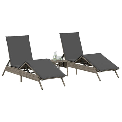 Sun loungers with table 2 pcs PE rattan grey