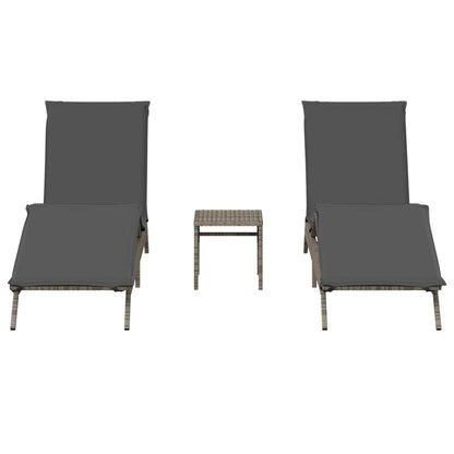 Sun loungers with table 2 pcs PE rattan grey