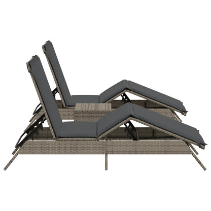 Sun loungers with table 2 pcs PE rattan grey