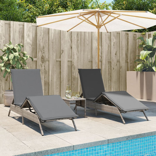Sun loungers with table 2 pcs PE rattan grey