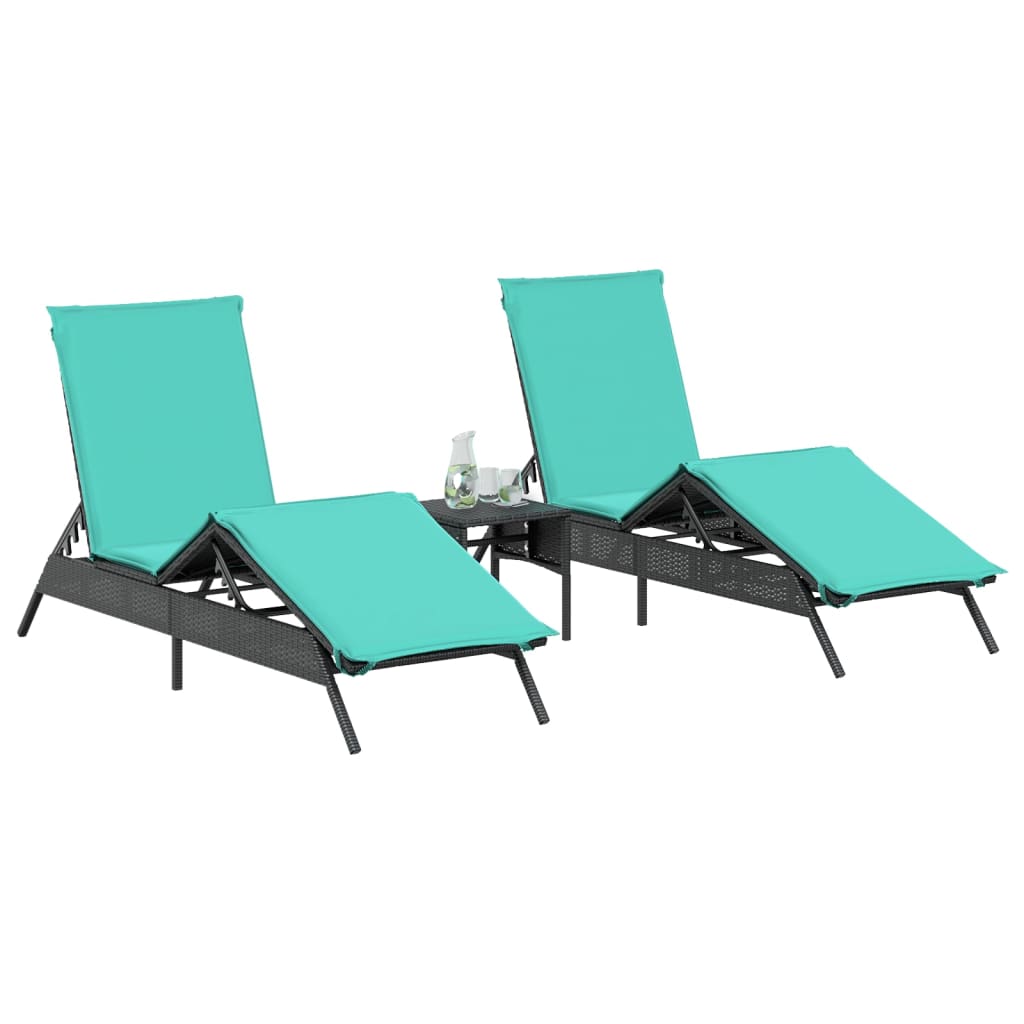 Sun loungers with table 2 pcs black PE rattan