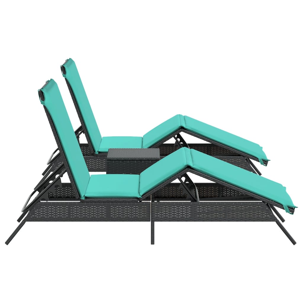 Sun loungers with table 2 pcs black PE rattan