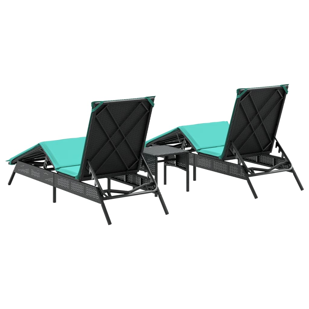 Sun loungers with table 2 pcs black PE rattan