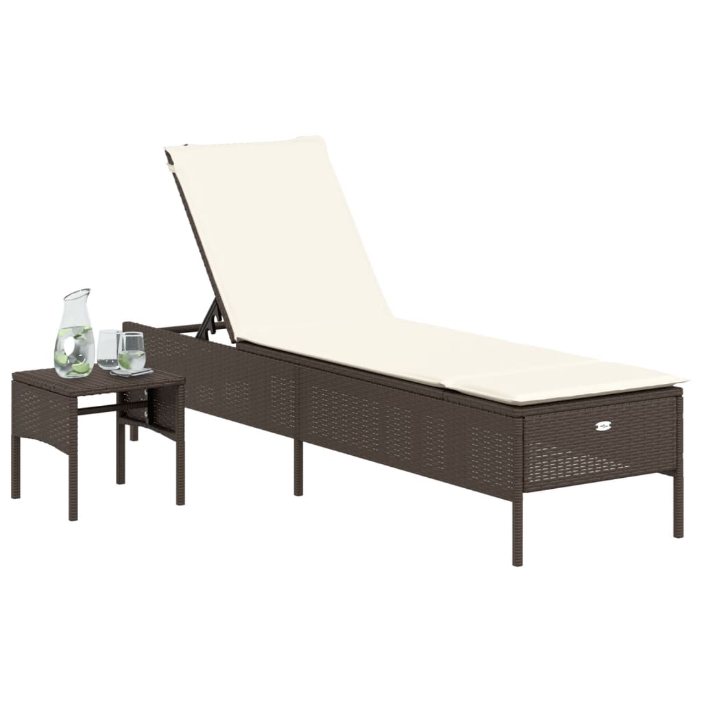 Sun lounger with table and cushion in brown PE wicker