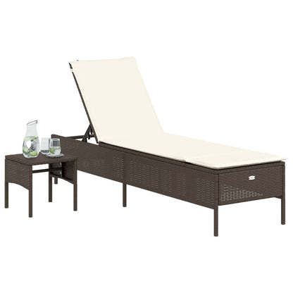 Sun lounger with table and cushion in brown PE wicker