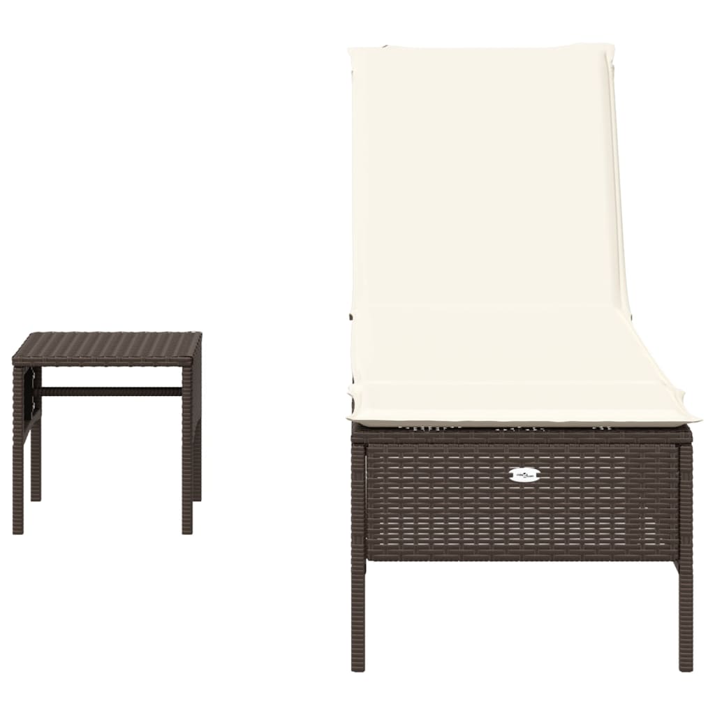 Sun lounger with table and cushion in brown PE wicker
