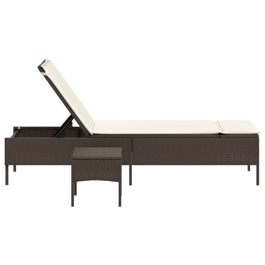 Sun lounger with table and cushion in brown PE wicker