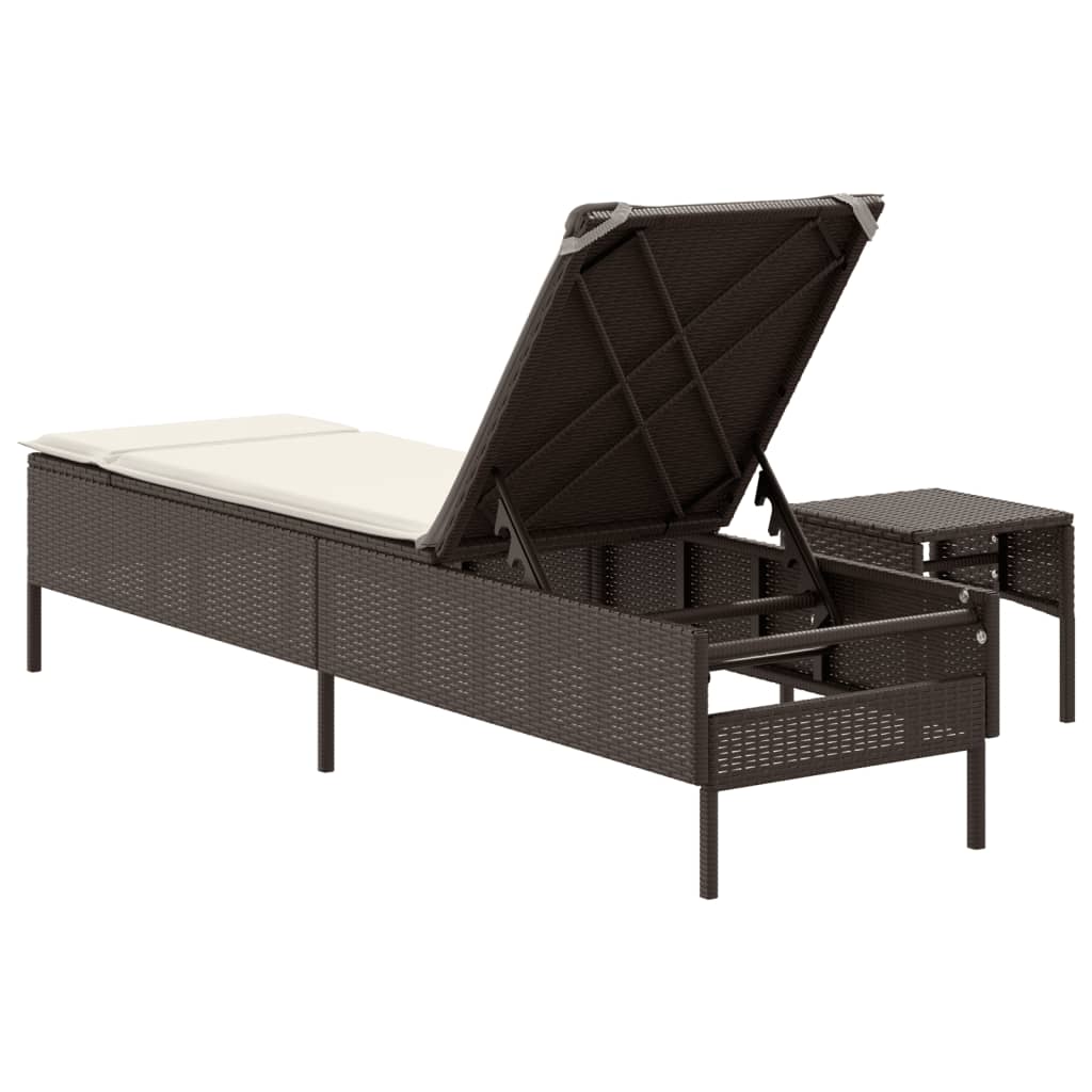 Sun lounger with table and cushion in brown PE wicker