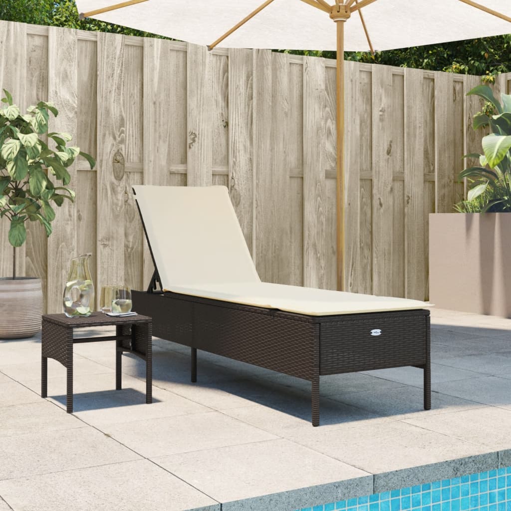 Sun lounger with table and cushion in brown PE wicker
