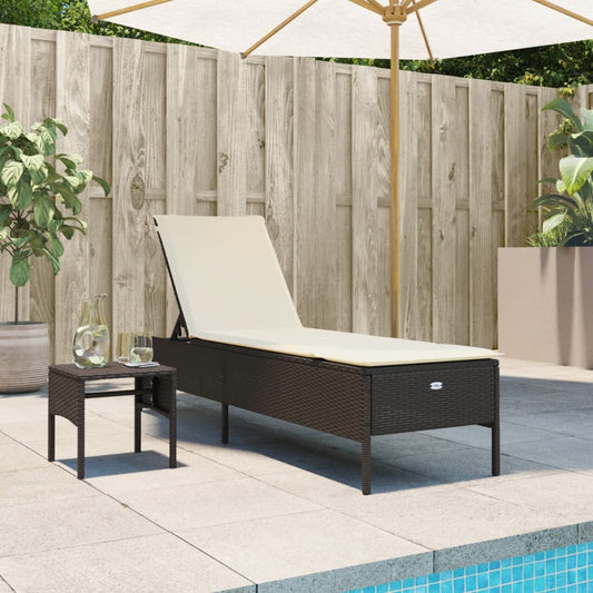 Sun lounger with table and cushion in brown PE wicker