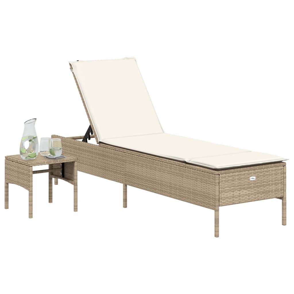 Sun lounger with table and cushion in beige PE wicker