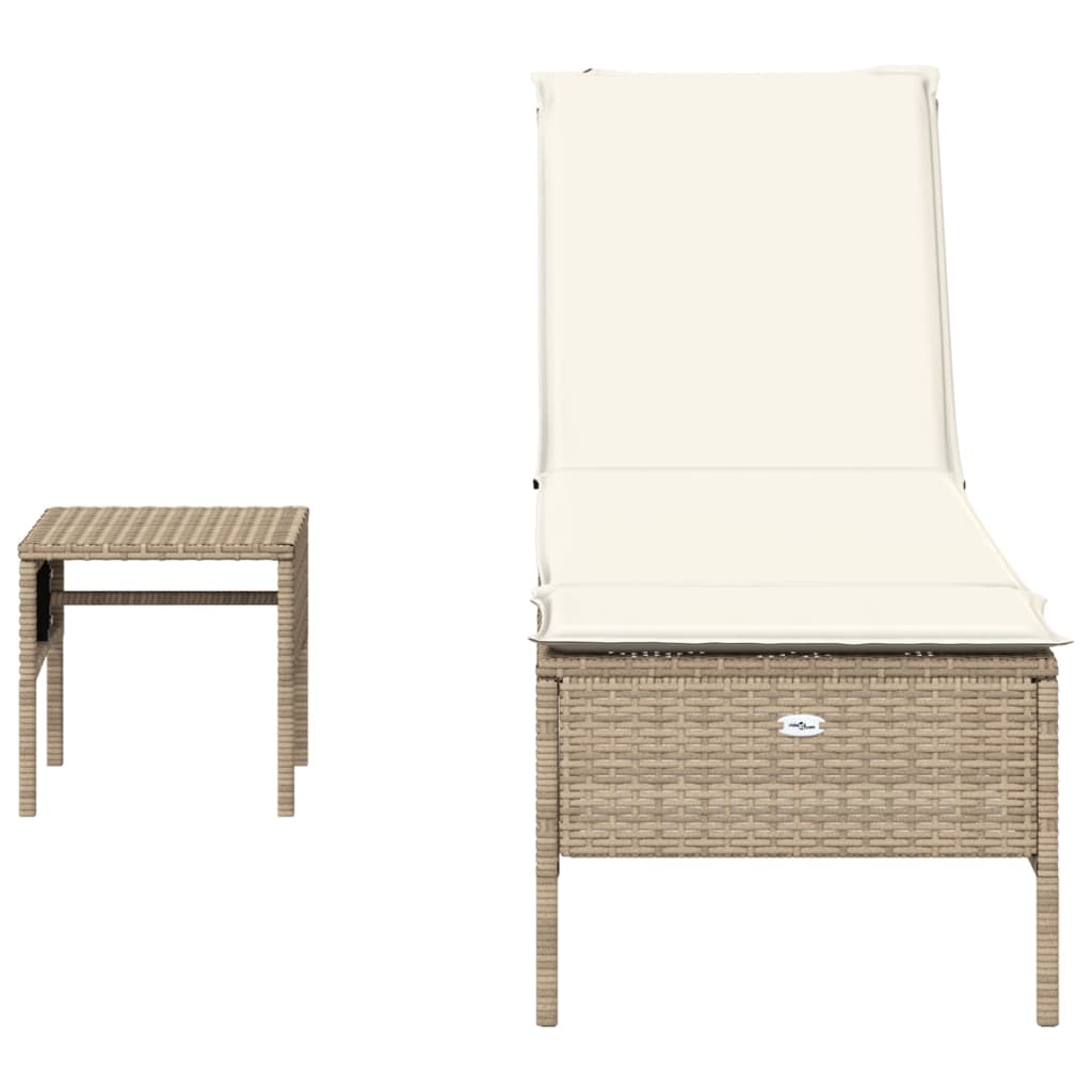 Sun lounger with table and cushion in beige PE wicker