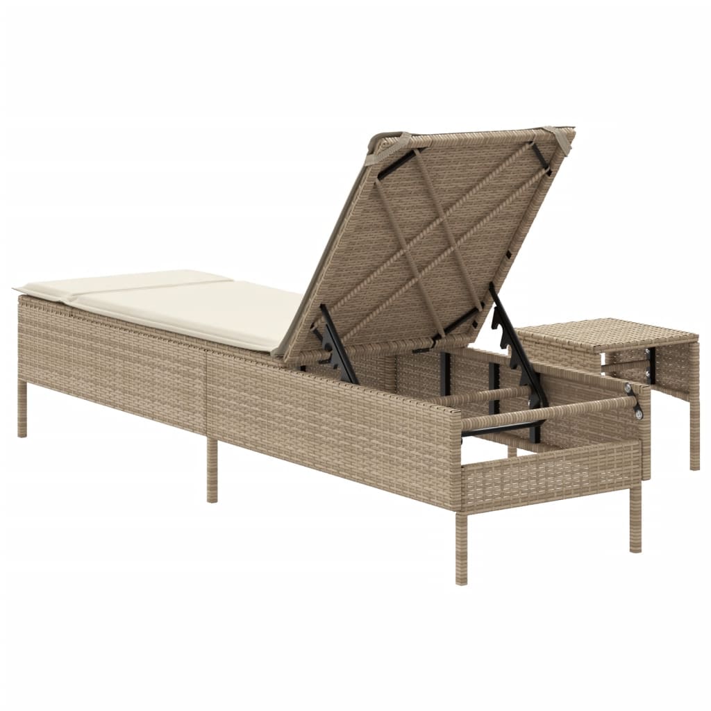 Sun lounger with table and cushion in beige PE wicker