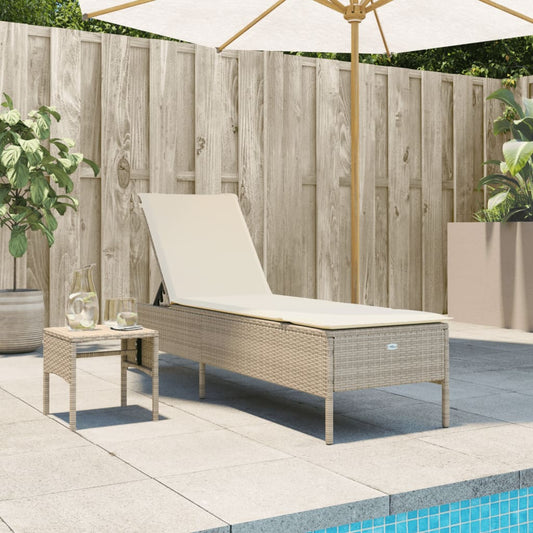 Sun lounger with table and cushion in beige PE wicker