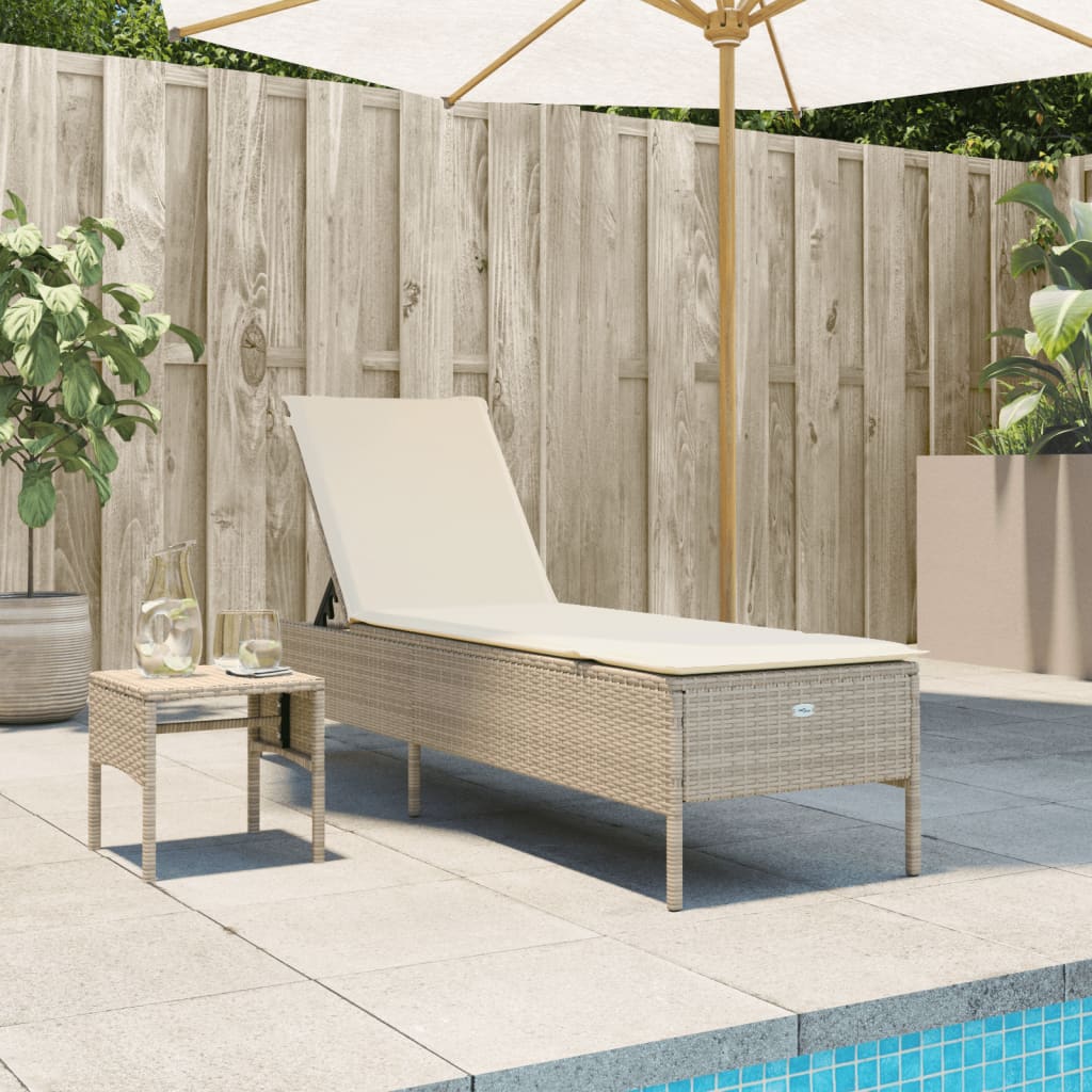 Sun lounger with table and cushion in beige PE wicker