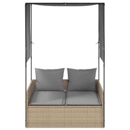 Double sun lounger with roof and curtains in beige PE wicker