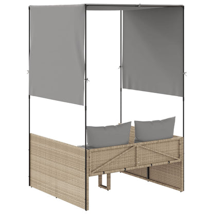 Double sun lounger with roof and curtains in beige PE wicker