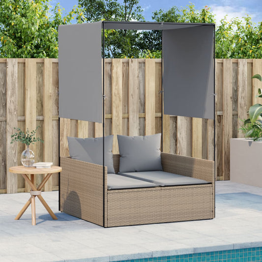 Double sun lounger with roof and curtains in beige PE wicker