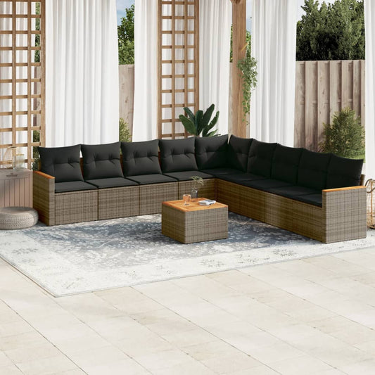 10 pcs conjunto sofás de jardim c/ almofadões vime PE cinzento