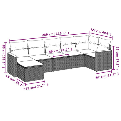 7 pcs conjunto sofás p/ jardim c/ almofadões vime PE cinzento