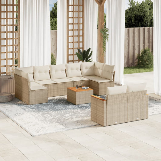 10 pcs conjunto de sofás p/ jardim com almofadões vime PE bege
