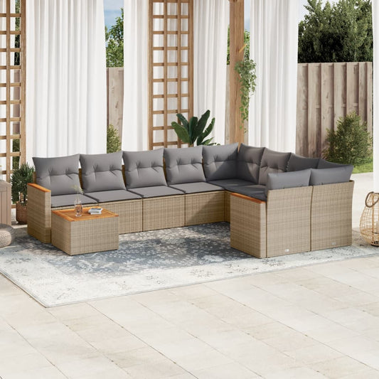 10 pcs conj. sofás jardim c/ almofadões vime PE bege misturado