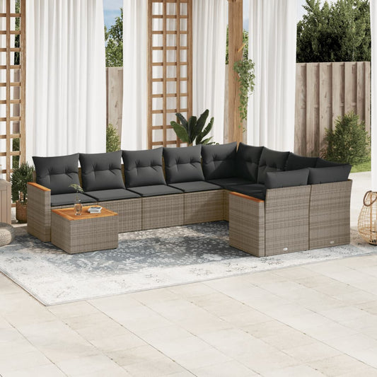 10 pcs conjunto sofás de jardim c/ almofadões vime PE cinzento