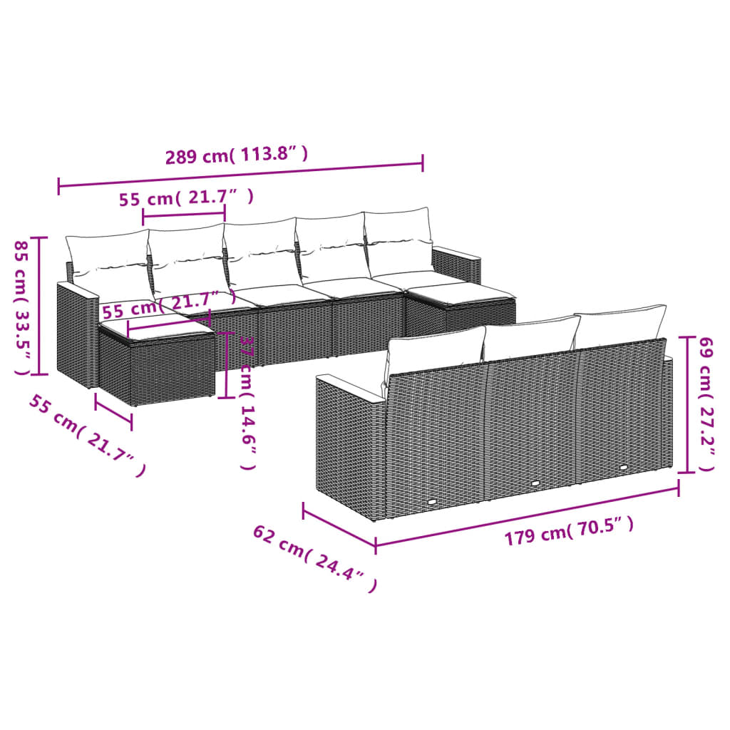 10 pcs conj. sofás jardim c/ almofadões vime PE bege misturado