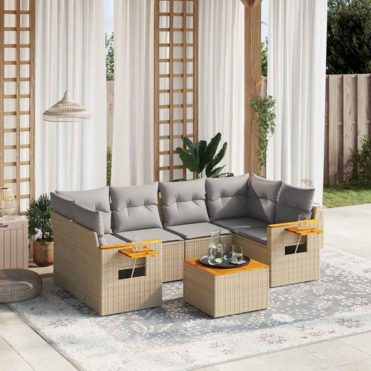 7 pcs conjunto de sofás p/ jardim com almofadões vime PE bege